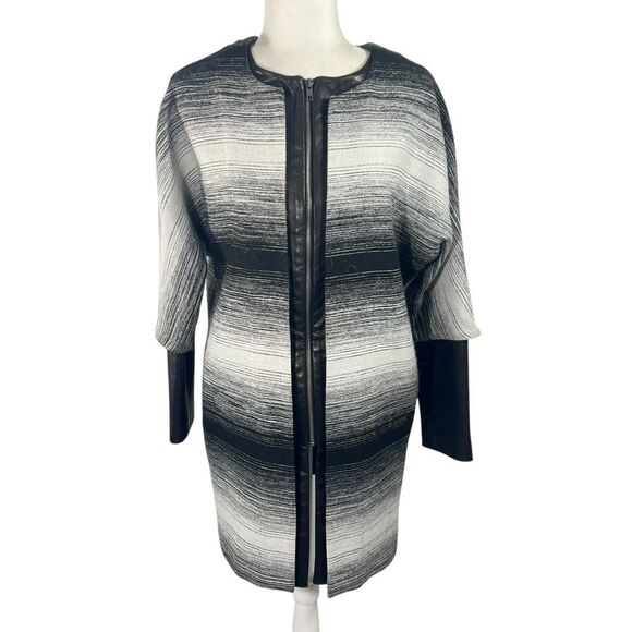 Parker  Coat w Lambs Leather Trim Black & White Stripes Size XSmall Oversized Wo - Picture 2 of 14